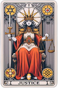 Justice tarot card showing a seated figure holding scales in one hand and a sword in the other, symbolizing fairness, truth, and karmic balance in the Outlook position.