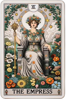 The Empress tarot card depicting a regal feminine figure in nature, representing nurturing, fertility, and abundance in the Present situation.