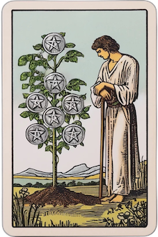 Seven of Pentacles tarot card showing a figure contemplating harvested pentacles, symbolizing patience, investment, and evaluation in the You position.