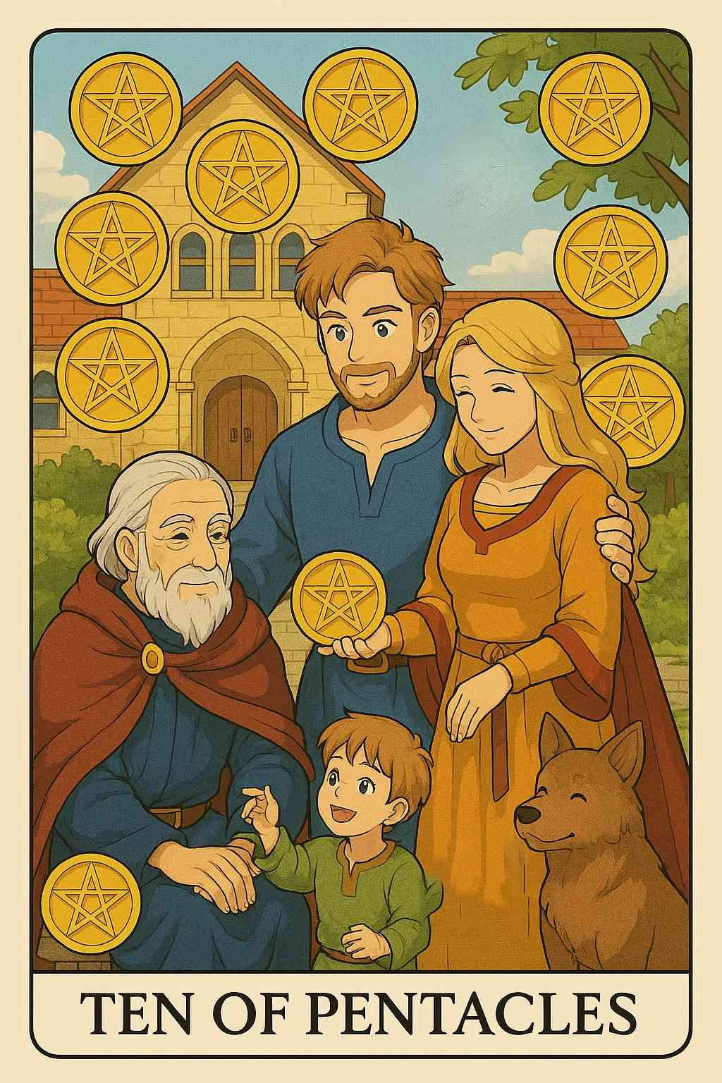 Ten of Pentacles card showing abundance, representing a stable outcome.